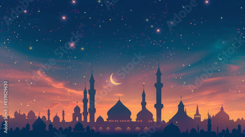 Twilight Silhouette of Mosque with Crescent Moon and Stars