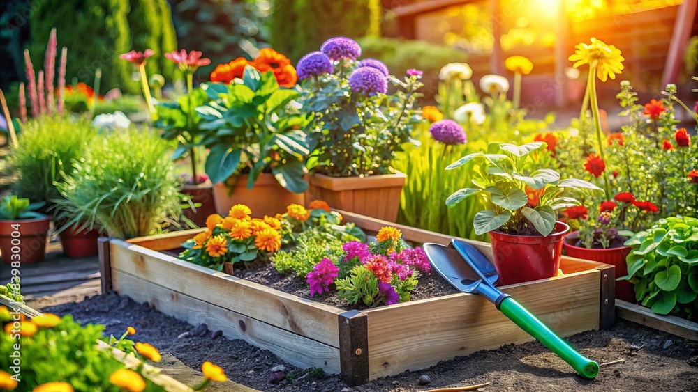 Colorful raised bed with small vegetable plants, gardening tools, and vibrant flowers, showcasing a peaceful childhood outdoor gardening scene on a sunny day. Colorful raised bed with small vegetable plants, gardening tools, and vibrant flowers, showcasing a peaceful childhood outdoor gardening scene on a sunny day.