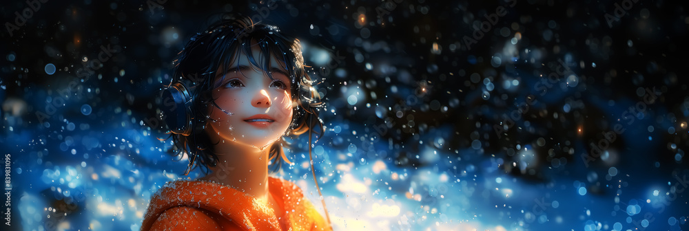 Naklejka premium cute boy flying to pick star, fantasy 3D cartoon illustration. Wall Art Poster Print Design for Home Decor, Decoration Artwork, High Resolution Wallpaper & Background for Computer, Smartphone