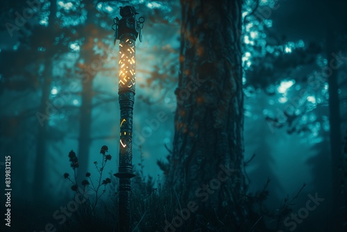 **Detailed shot of a wizard's wand, its surface adorned with ancient runes, illuminated by a soft, otherworldly glow. Double exposure silhouette blends seamlessly with a mystical forest, enhancing the