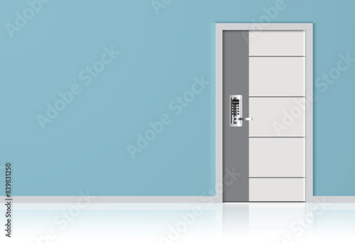 Interior decoration Gray and white door on a blue wall. digital door lock. vector design.