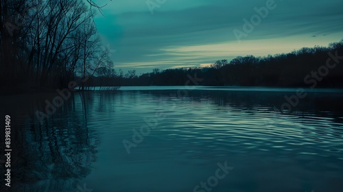 A cyan-tinted sunset reflects off a calm body of water, creating a serene and peaceful scene.