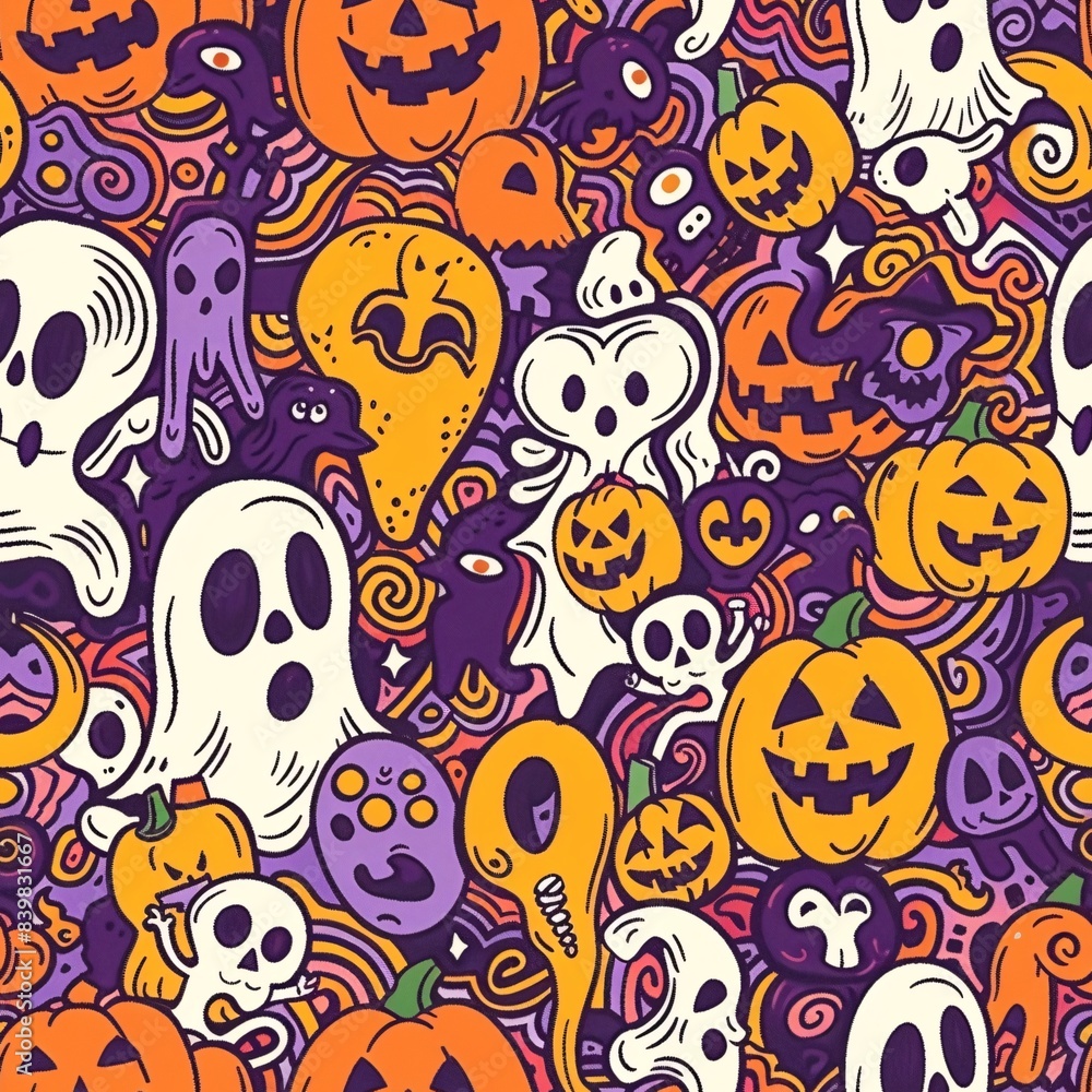 A seamless pattern featuring retro 70s and 60s Halloween elements such as groovy pumpkins, peace signs, and psychedelic ghosts intricately arranged in a continuous design A seamless pattern featuring retro 70s and 60s Halloween elements such as groovy pumpkins, peace signs, and psychedelic ghosts intricately arranged in a continuous design