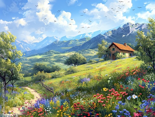 Idyllic countryside with rolling hills, colorful wildflowers, and a charming cottage, picturesque and serene photo