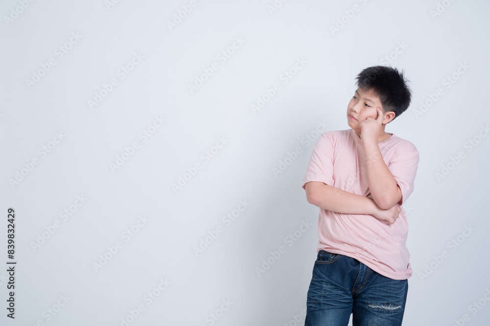boy thinking on white background, asian child boy thinking on white background, asian child