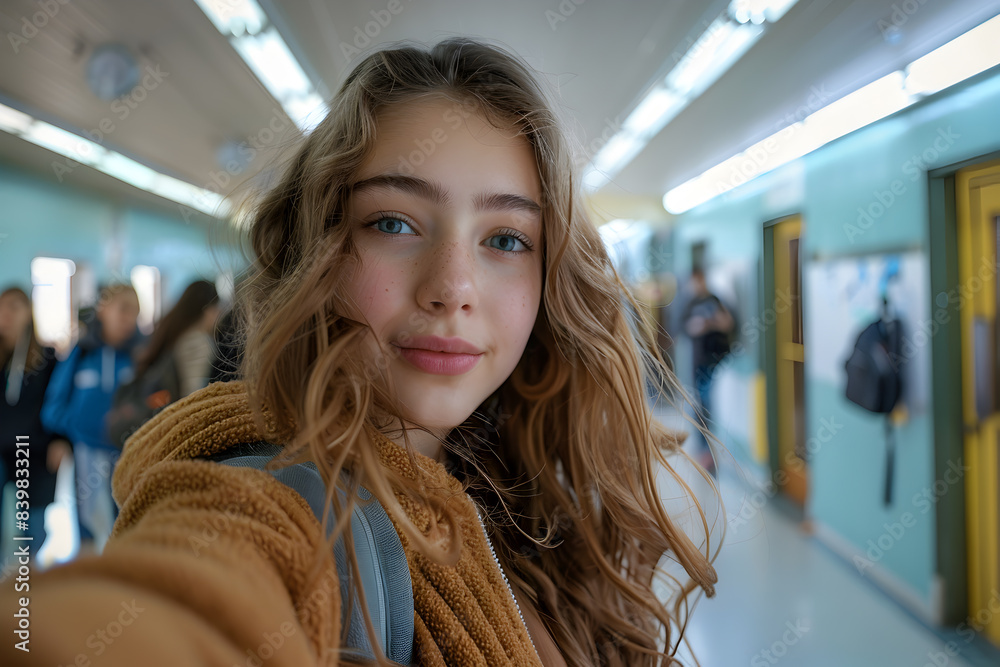 Young girl taking selfie in school hallway Young girl taking selfie in school hallway