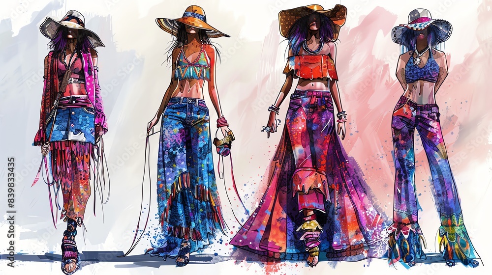 Naklejka premium Fashion sketch of a bohemian outfit, casual and stylish design, vibrant colors and intricate patterns