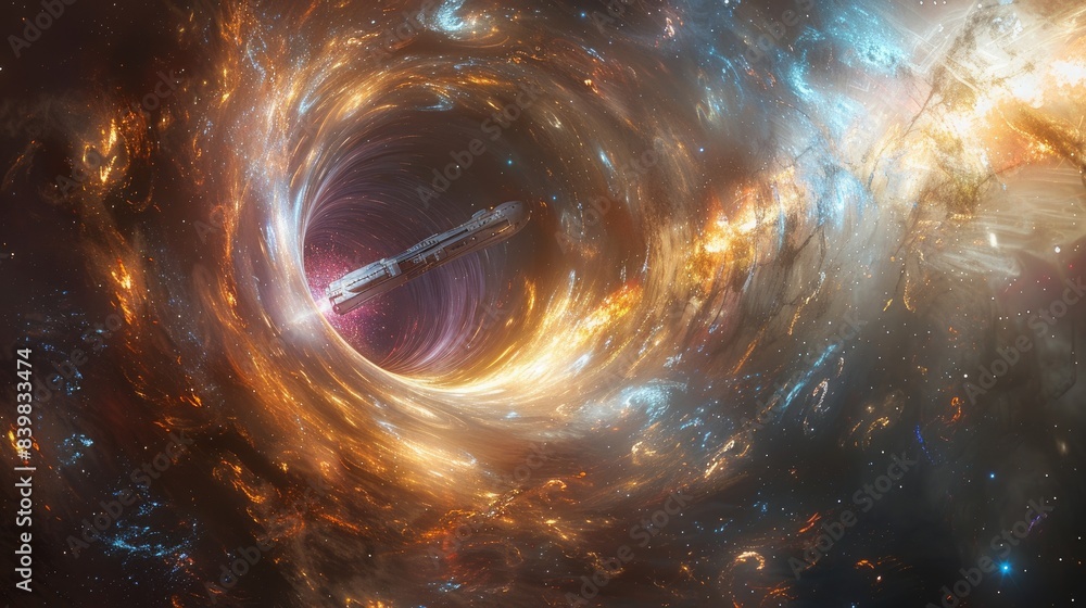 Imagine a breathtaking science fiction scene where a futuristic spaceship is actively navigating through a wormhole. Imagine a breathtaking science fiction scene where a futuristic spaceship is actively navigating through a wormhole.