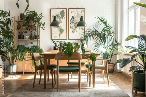 Stylish and botanical dining room interior with design craft wooden table  chairs  many plants  window  poster map and elegant accessories in background  Hd  realistic  copy space. generative ai