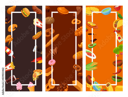 Cafe restaurant fast food Mexican bakery menu frame banner mock up set vector isometric illustration