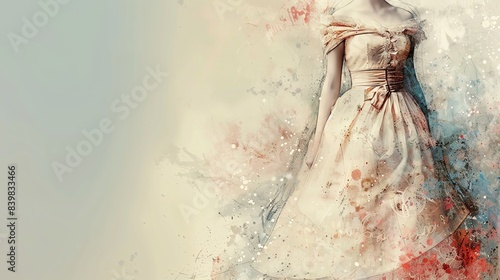 Fashion illustration of a vintage dress, elegant and timeless design, pastel colors and delicate details