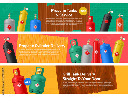 Grill propane tank delivery service sale promo banner design template set realistic vector