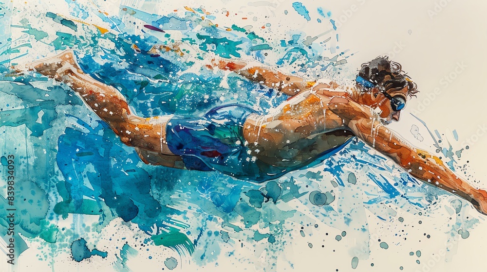 Detailed sketch of a swimmer diving into a pool, vibrant water colors and dynamic movement, refreshing and athletic