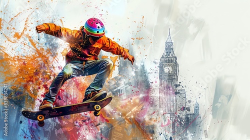 Detailed sketch of a skateboarder performing a trick, vibrant urban background and dynamic movement, edgy and exciting