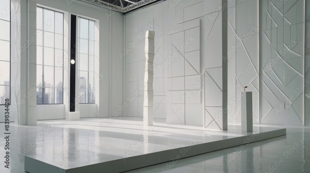A modern backdrop for a product launch, with a clean white backdrop with minimalist shapes. A modern backdrop for a product launch, with a clean white backdrop with minimalist shapes.