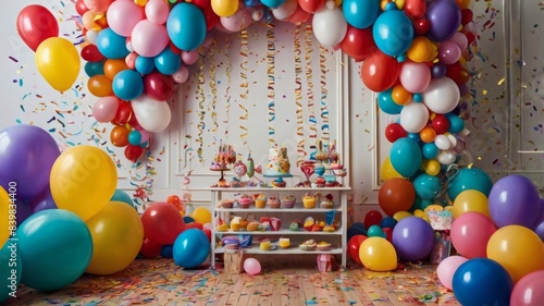 Children's party background with colorful balloons, and pile of party cakes