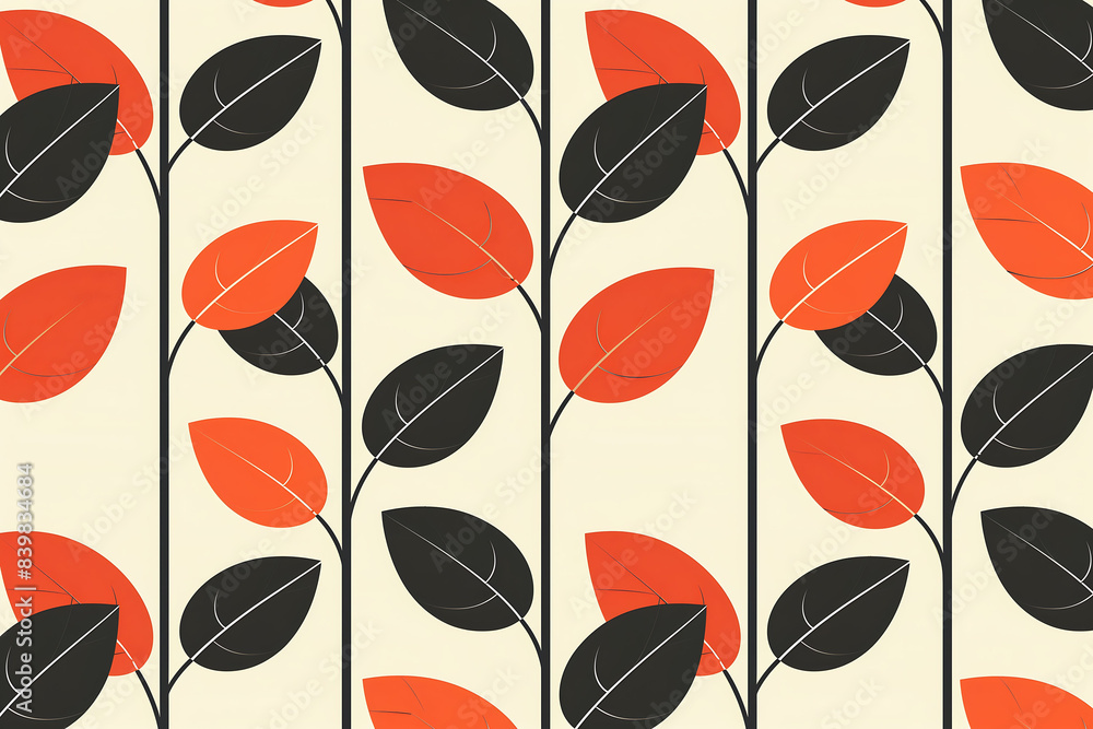 A minimalist pattern flat design with branches of black and orange leaves on a beige background. A minimalist pattern flat design with branches of black and orange leaves on a beige background.