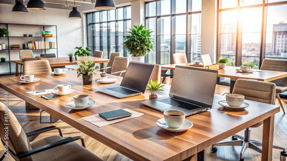 Modern office table with laptops, papers, and coffee cups scattered, surrounded by empty chairs, conveying a sense of collaborative workspace and joyful atmosphere. Modern office table with laptops, papers, and coffee cups scattered, surrounded by empty chairs, conveying a sense of collaborative workspace and joyful atmosphere.