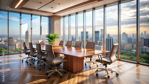 A modern conference room with a sleek wooden table, ergonomic chairs, and a large glass wall with a cityscape view, flooded with natural light.