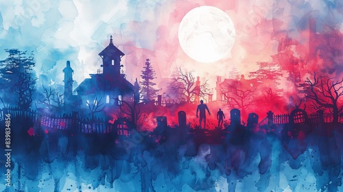Dancing zombies in a watercolor graveyard with a spooky mansion and eerie moonlight watercolor style Isolated, white background surrounded Generative AI