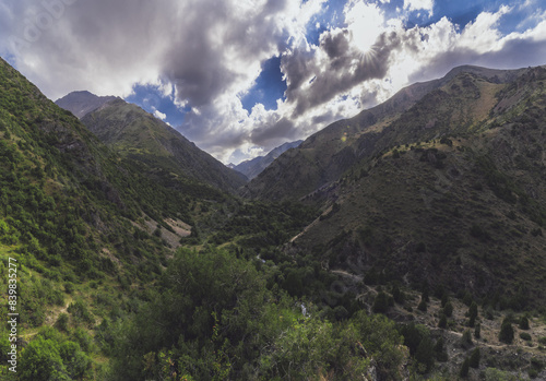 panorama with a view of a green gorge in the mountains with a cloudy sky