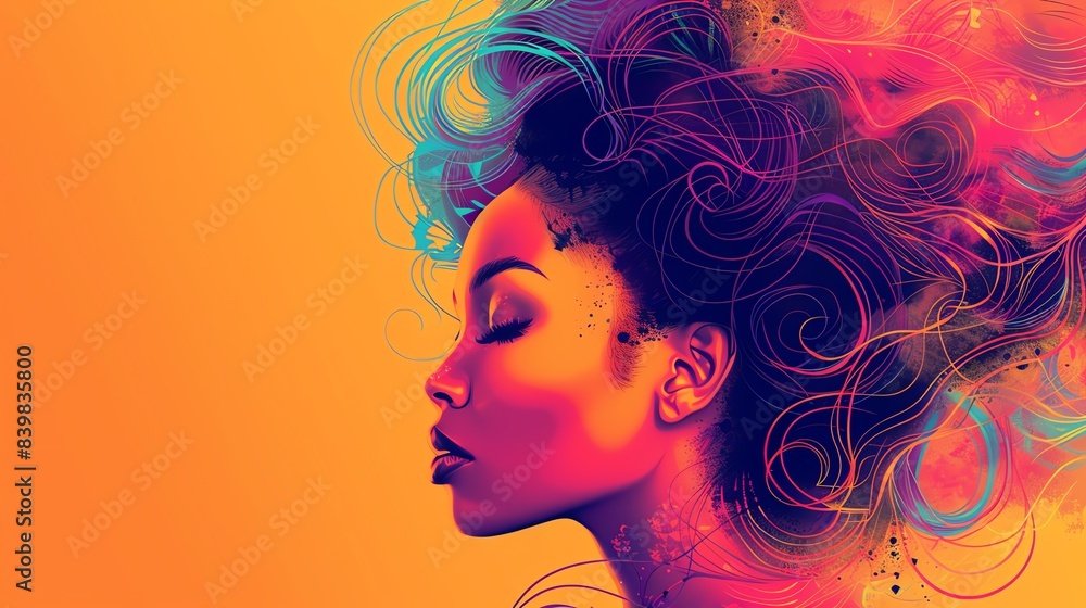 Beauty illustration of a woman with a glamorous hairstyle, sophisticated and detailed look, vibrant colors Beauty illustration of a woman with a glamorous hairstyle, sophisticated and detailed look, vibrant colors