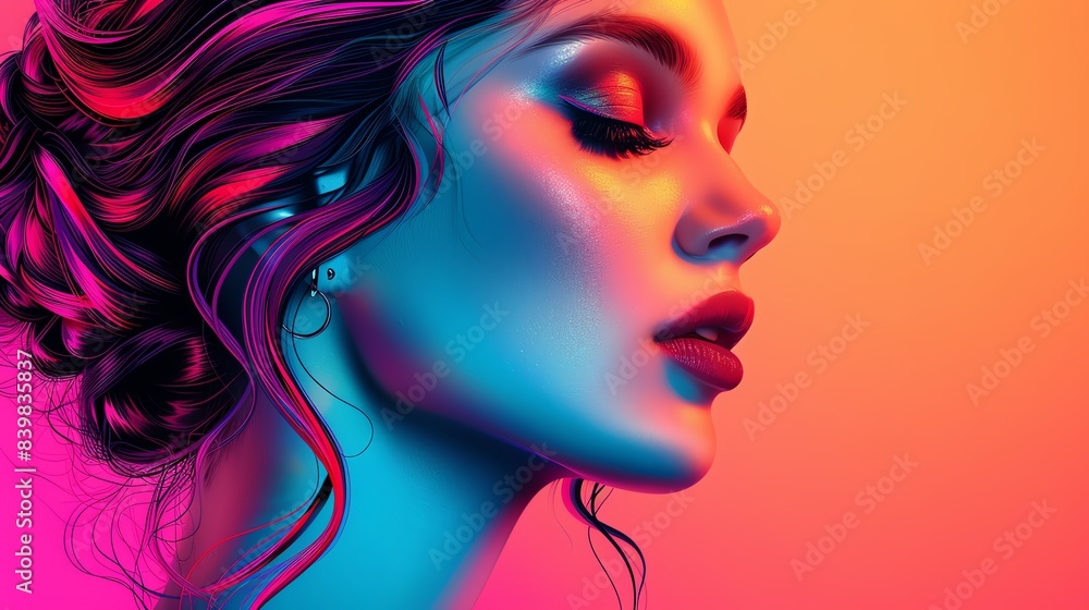 Beauty illustration of a woman with a glamorous hairstyle, sophisticated and detailed look, vibrant colors Beauty illustration of a woman with a glamorous hairstyle, sophisticated and detailed look, vibrant colors
