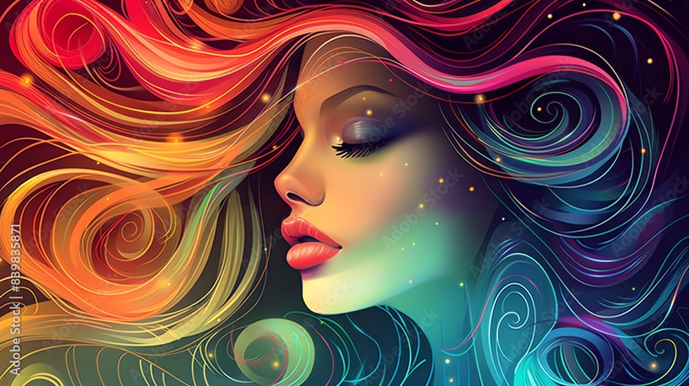 Beauty illustration of a woman with a glamorous hairstyle, sophisticated and detailed look, vibrant colors