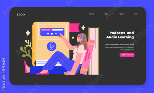 Podcasts and Audio Learning concept A learner tunes into an educational podcast, combining leisure with learning through audio platforms Vector illustration