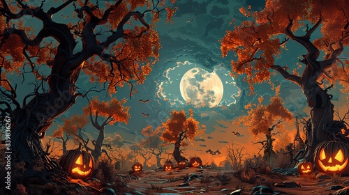 Artistic depiction of a spooky Halloween pumpkin patch, eerie and vibrant photo