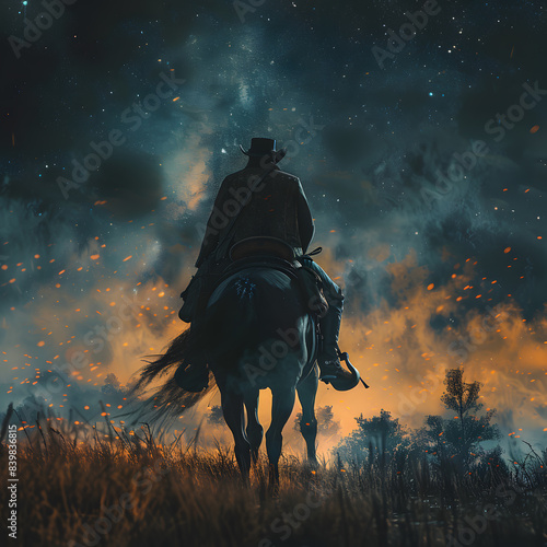 Cowboy riding a horse on a farm, in a beautiful landscape
