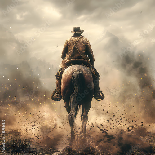 Cowboy riding a horse on a farm, in a beautiful landscape