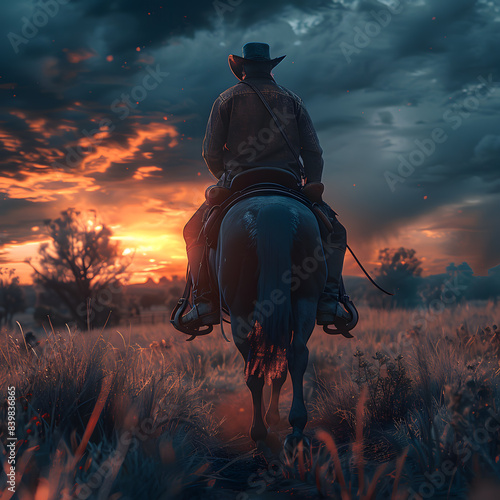 Cowboy riding a horse on a farm, in a beautiful landscape