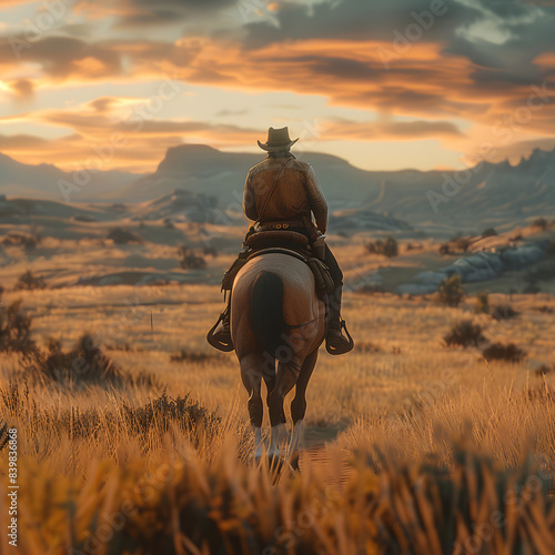 Cowboy riding a horse on a farm, in a beautiful landscape