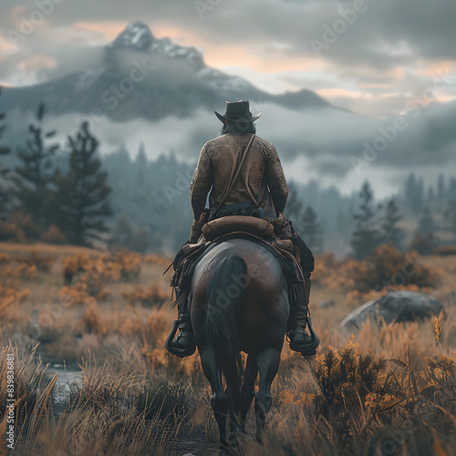 Cowboy riding a horse on a farm, in a beautiful landscape