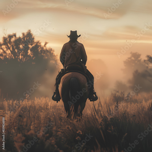 Cowboy riding a horse on a farm, in a beautiful landscape