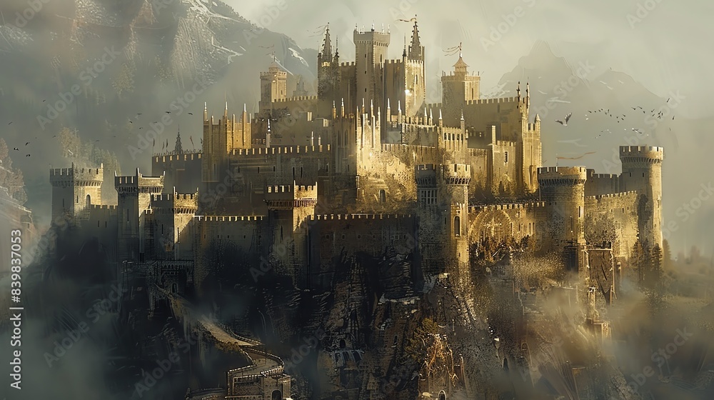 Fototapeta premium Artistic depiction of a medieval castle, detailed architecture and historical accuracy, majestic and grand