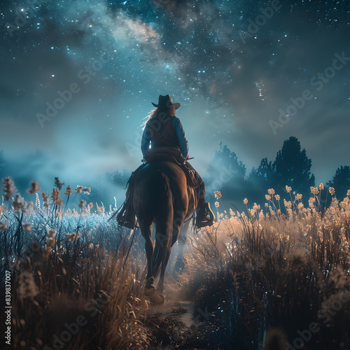 Cowboy riding a horse on a farm, in a beautiful landscape