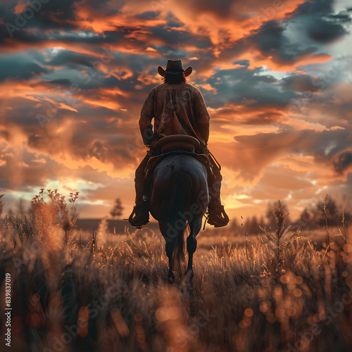 Cowboy riding a horse on a farm, in a beautiful landscape