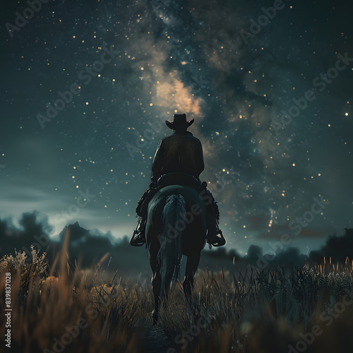 Cowboy riding a horse on a farm, in a beautiful landscape
