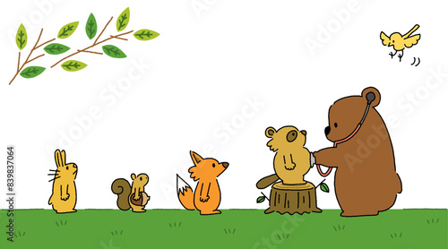 小児科向け素材、くまのお医者さんの診察に並ぶ森の動物たちのイラスト
