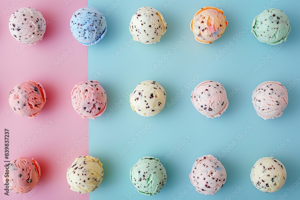 Colorful ice cream scoop balls arranged on different background colors, top view of delicious treats Colorful ice cream scoop balls arranged on different background colors, top view of delicious treats