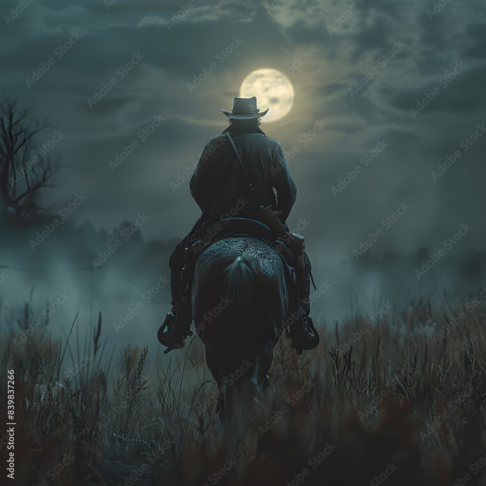 Naklejka premium Cowboy riding a horse on a farm, in a beautiful landscape