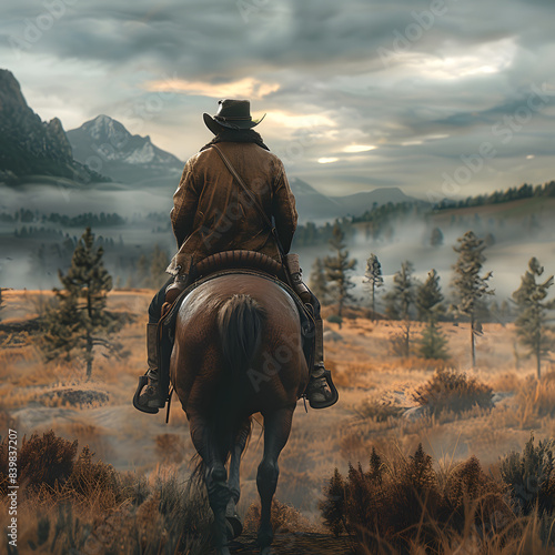 Cowboy riding a horse on a farm, in a beautiful landscape