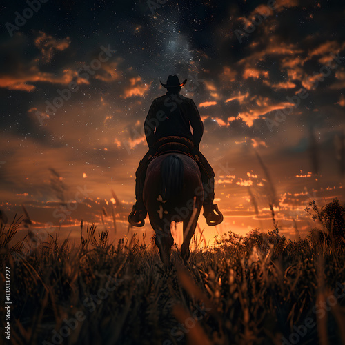 Cowboy riding a horse on a farm, in a beautiful landscape
