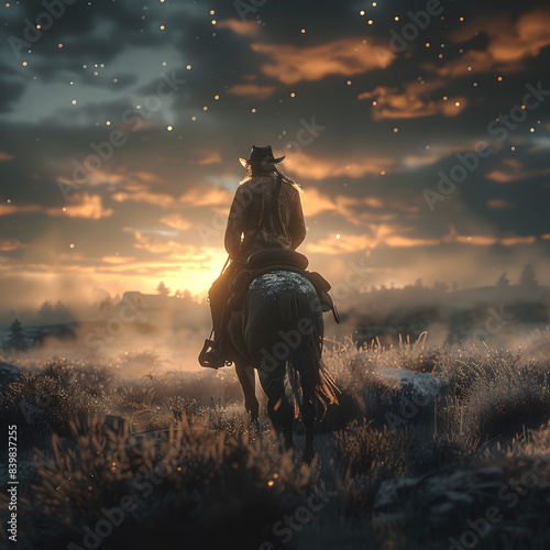 Cowboy riding a horse on a farm, in a beautiful landscape
