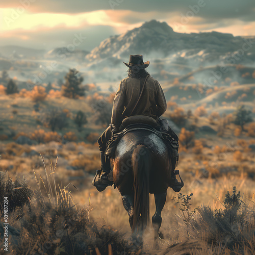 Cowboy riding a horse on a farm, in a beautiful landscape