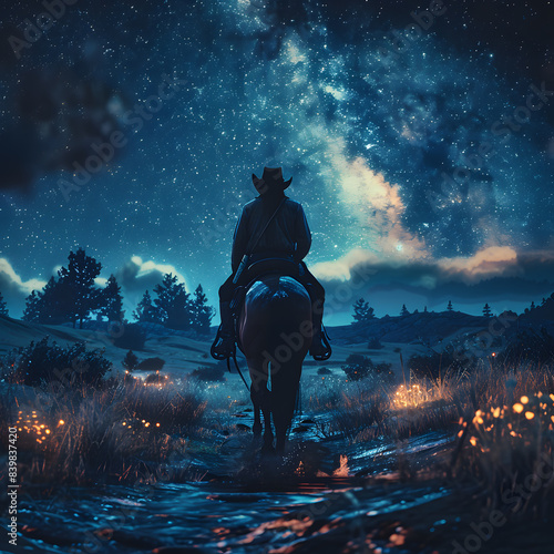 Cowboy riding a horse on a farm, in a beautiful landscape