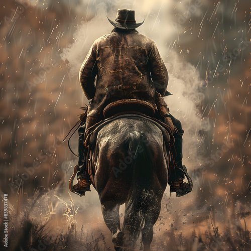 Cowboy riding a horse on a farm, in a beautiful landscape