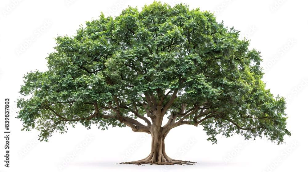 A high-resolution image of a large tree with a detailed canopy and visible roots, placed against a white background to focus on its natural beauty A high-resolution image of a large tree with a detailed canopy and visible roots, placed against a white background to focus on its natural beauty